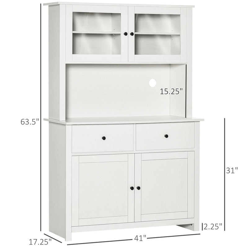 Homcom - 63.5" Kitchen Buffet With Hutch, Pantry Storage Cabinet With 4 Shelves, Drawers, Framed Glass Doors, Open Microwave Countertop - Antique White