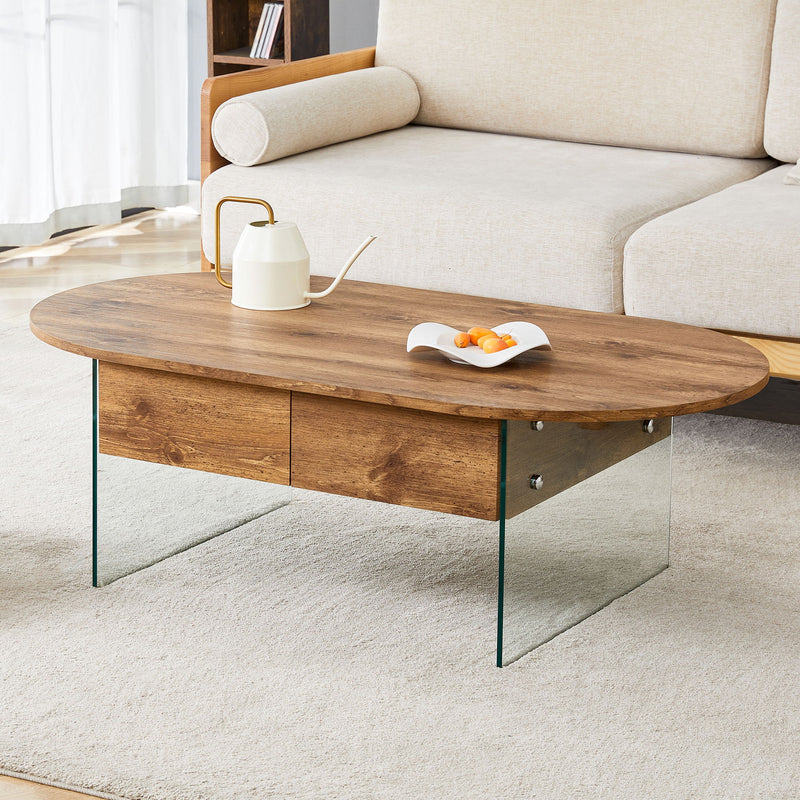 Elegant Coffee Table With Double Drawers And Transparent Glass Sides - Wood