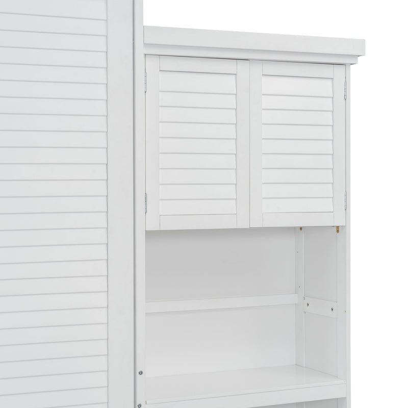 Queen Size Murphy Bed With Louvered Design And Multiple Storage Shelves - White