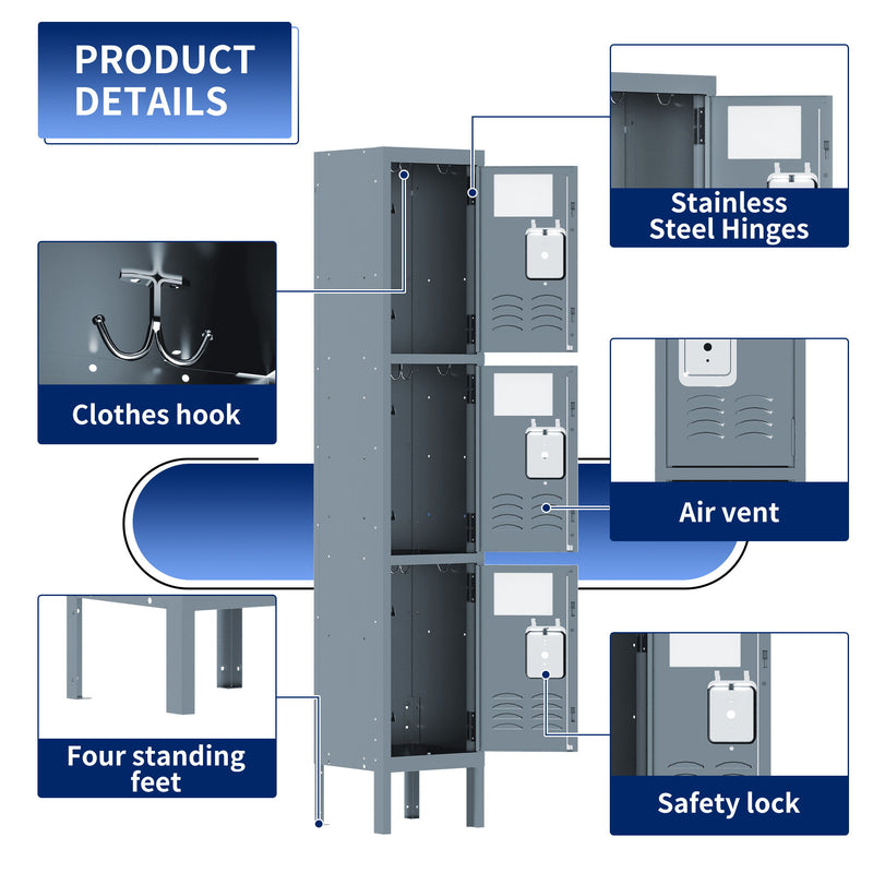 Lockers For Employees With 3 Door Storage Locker Durable For Gym, School, Office - Gray