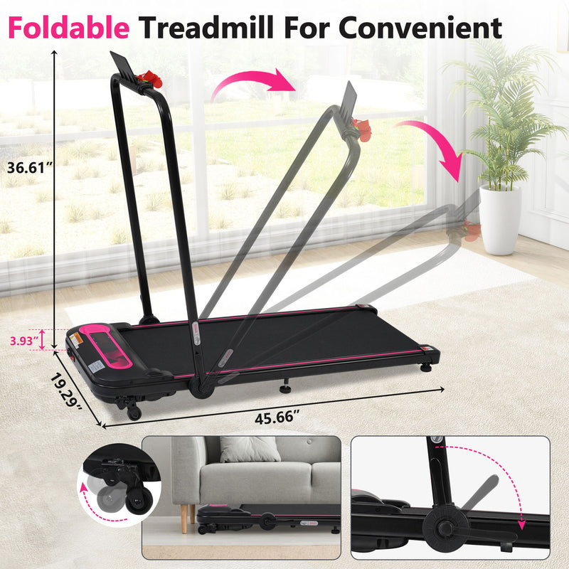 Folding Walking Pad Under Desk Treadmill For Home 2 Ways To Adjust Speed - Pink / Black