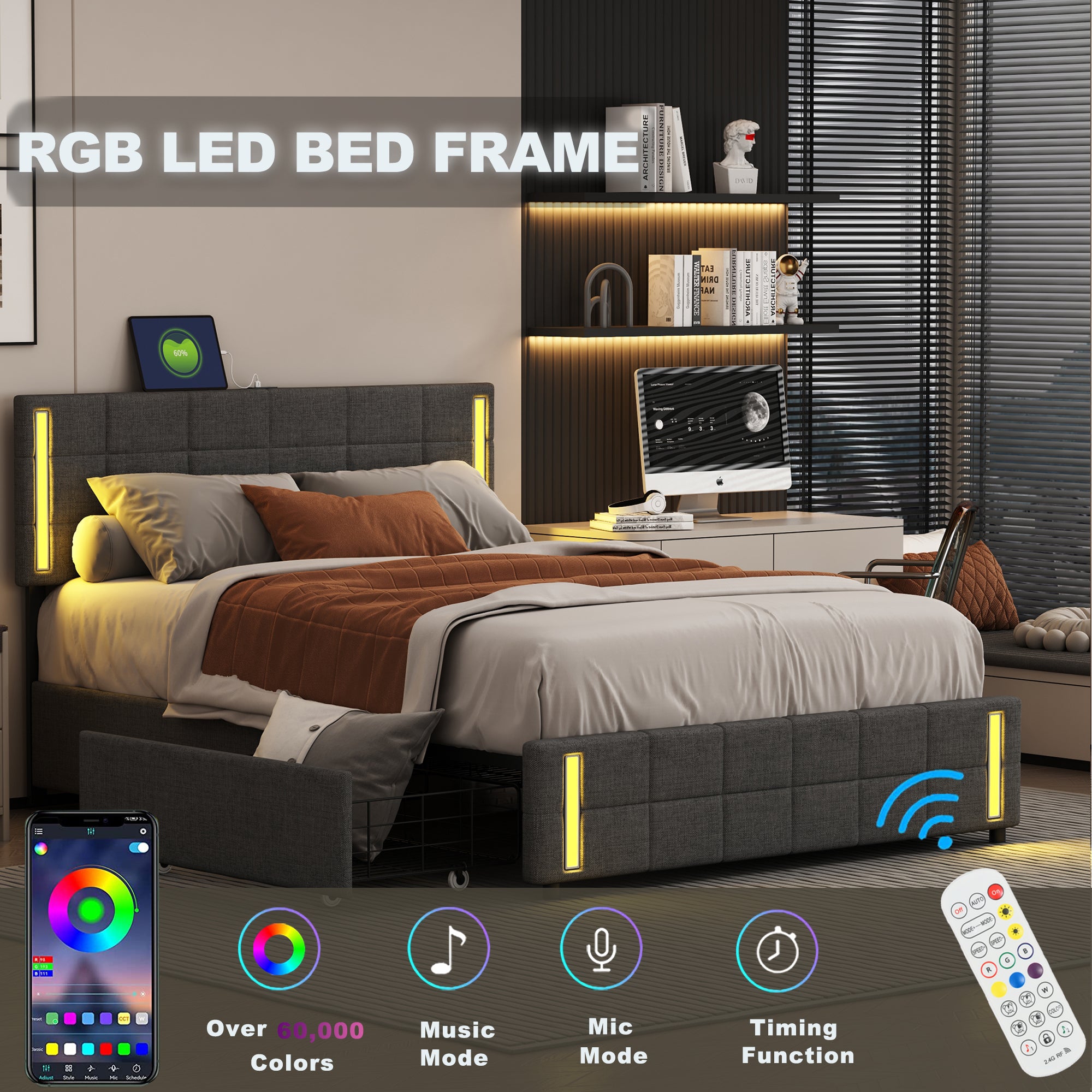 Queen Size Upholstered Platform Bed with LED Lights and USB Charging, Storage Bed with 4 Drawers, Gray(Linen) - Atlantic Fine Furniture Melbourne FL