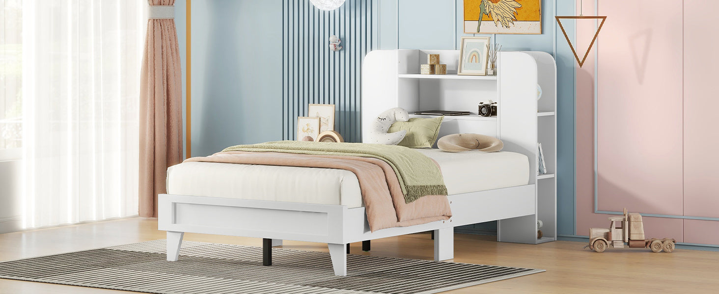 Twin Size Platform Bed with Storage Headboard,Multiple Storage Shelves on Both Sides,White - Atlantic Fine Furniture Melbourne FL