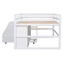 Full Size Functional Loft Bed with Cabinets and Drawers, Hanging Clothes at the back of the Staircase, White