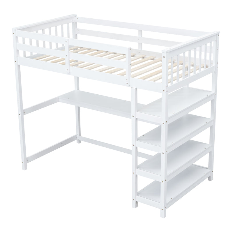 Twin Size Loft Bed with Storage Shelves and Under-bed Desk, White