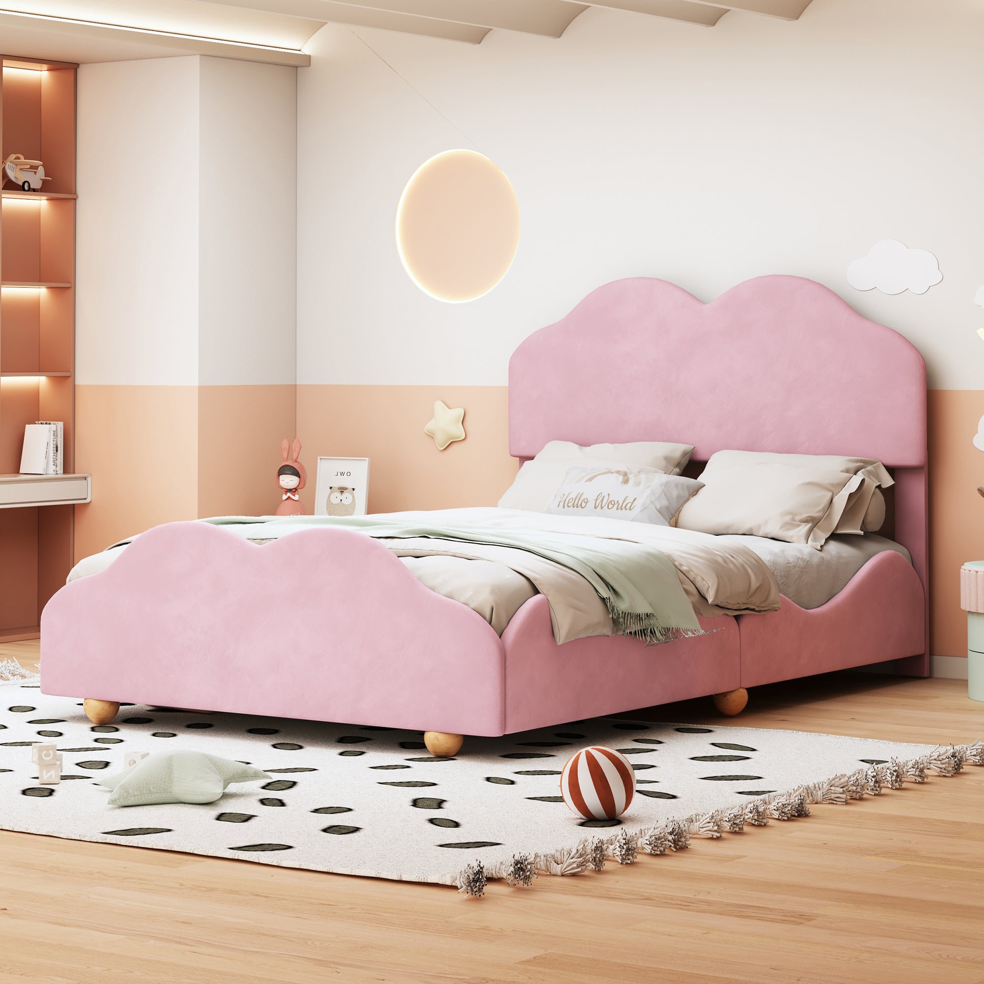 Full Size Upholstered Platform Bed with Cloud Shaped bed board, Light Pink - Atlantic Fine Furniture Melbourne FL