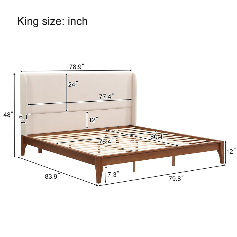 King Size Platform Bed With Upholstered High Headboard - Brown