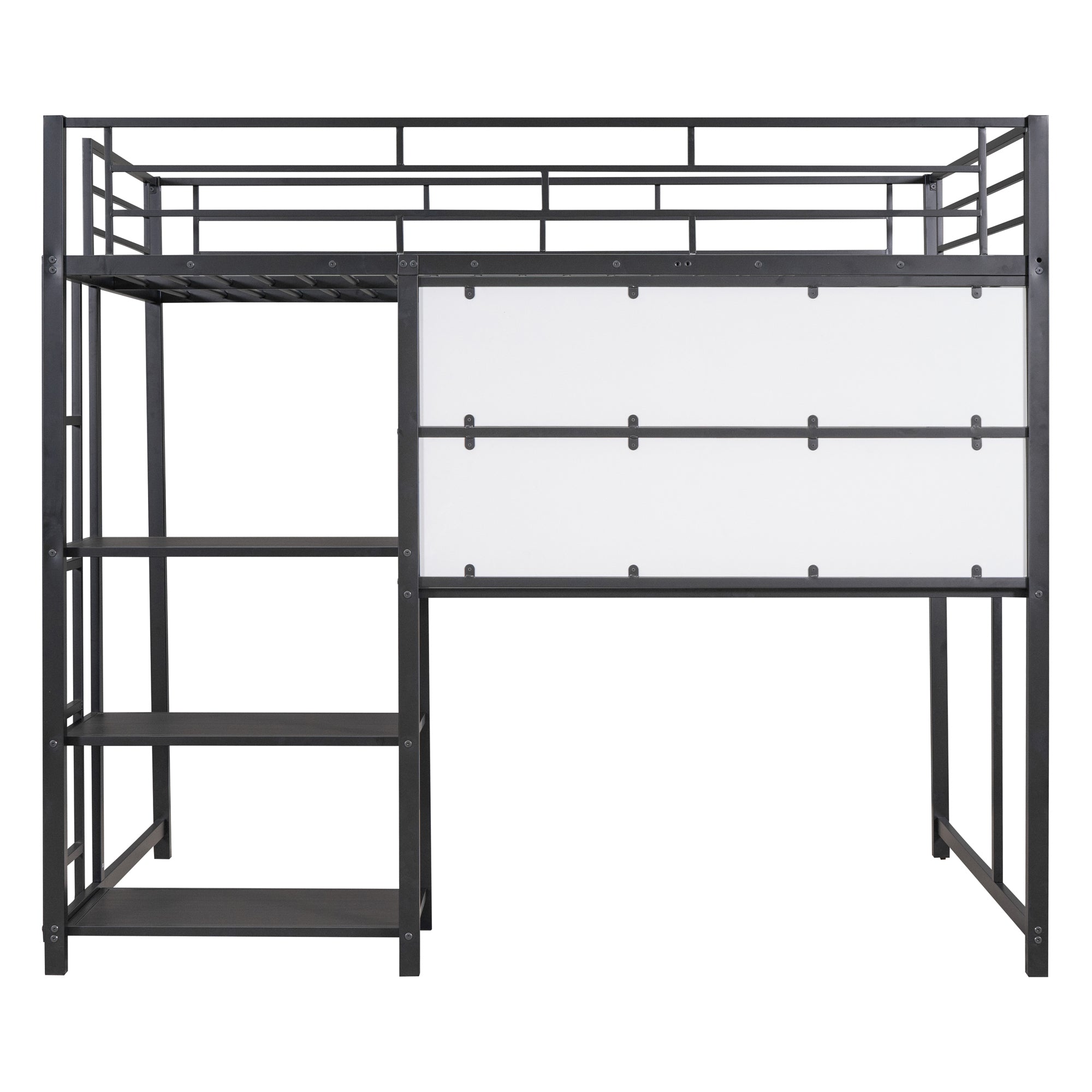Full Size Loft Bed with Desk and Whiteboard, Metal Loft Bed with 3 Shelves and Ladder, Black - Atlantic Fine Furniture Melbourne FL