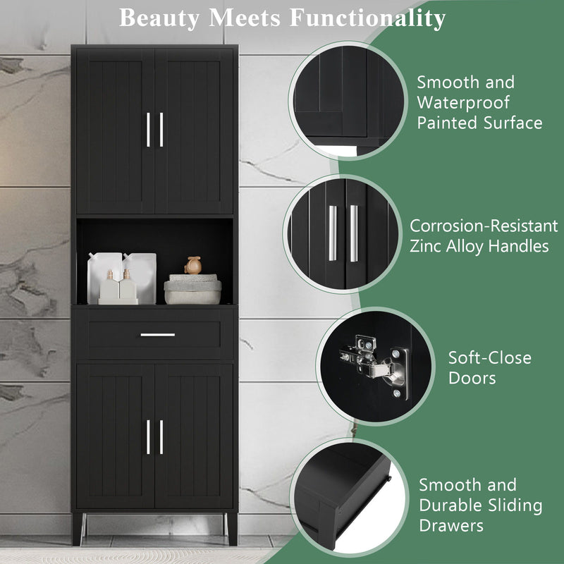Freestanding Tall Bathroom Cabinet With Soft Close Doors And Adjustable Shelves - Black