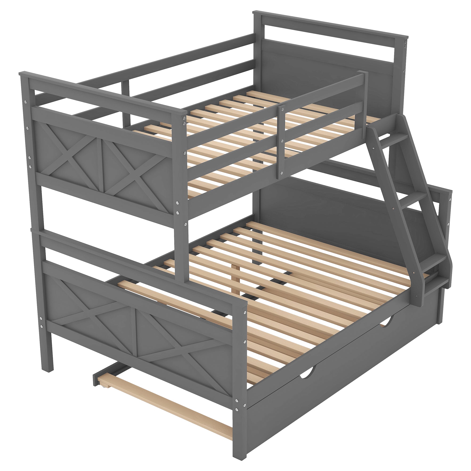 Twin over Full Bunk Bed with Ladder, Twin Size Trundle, Safety Guardrail, Gray - Atlantic Fine Furniture Melbourne FL