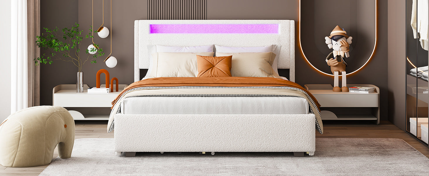 Queen Size Upholstered Platform Bed with LED Frame, with Twin  XL Size Trundle and 2 drawers, Teddy Fleece, White - Atlantic Fine Furniture Melbourne FL