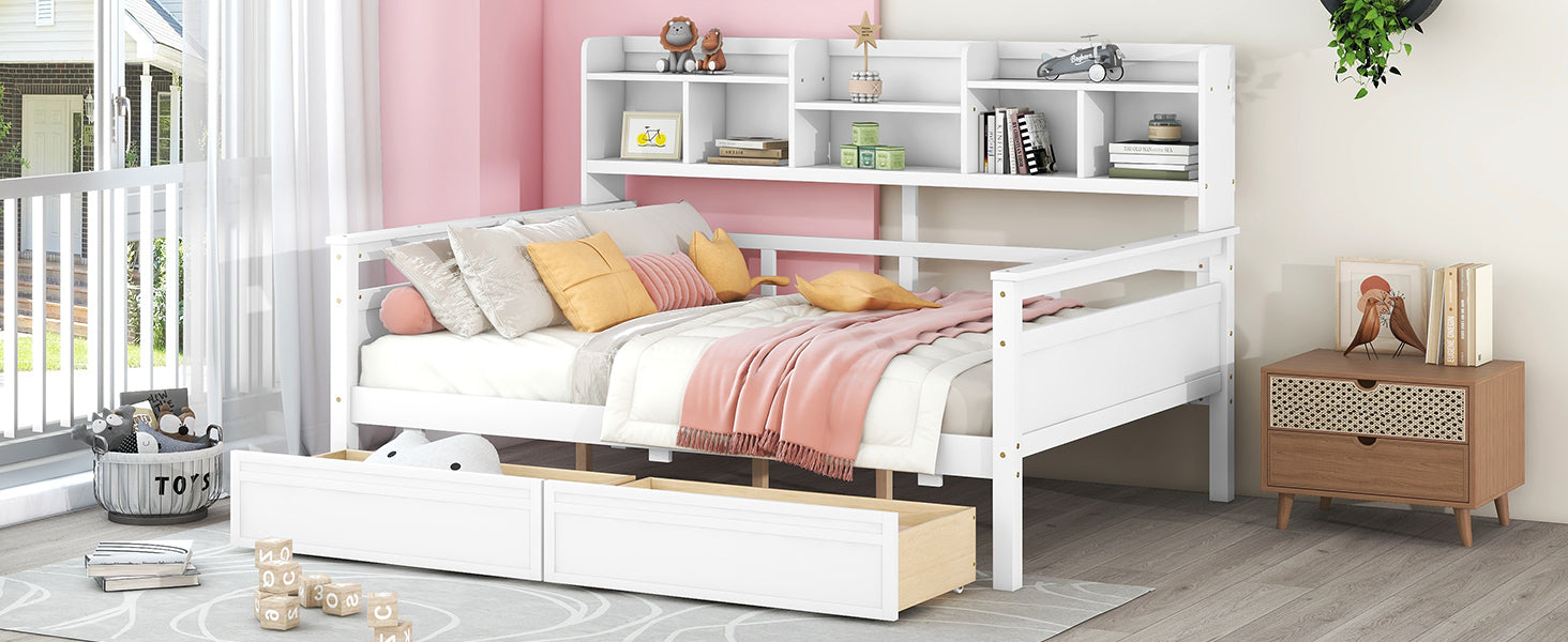 Full size Daybed, Wood Slat Support, with Bedside Shelf and Two Drawers, White - Atlantic Fine Furniture Melbourne FL