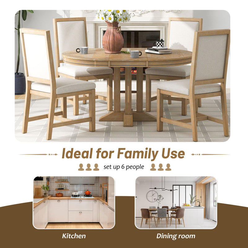 5 Piece Dining Set With Extendable Round Table And Upholstered Chairs
