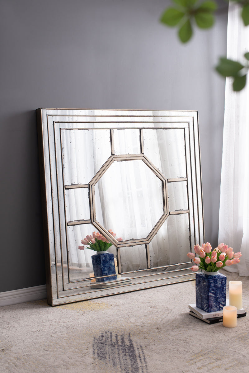 Antique Style Decorative Square Wall Mirror With Mirrored Frame, Wall Decor For Living Room Entryway, Console Lean Against Wall - Silver