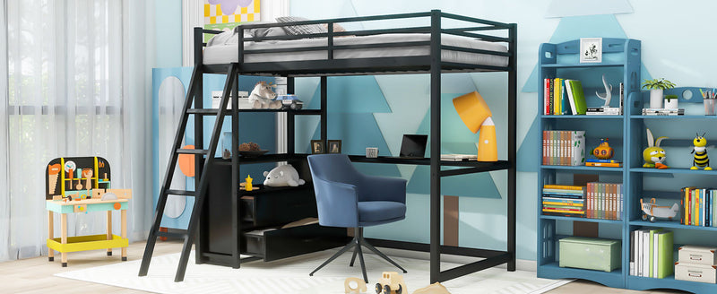 Twin Size Metal&Wood Loft Bed with Desk and Shelves, Two Built-in Drawers, Black