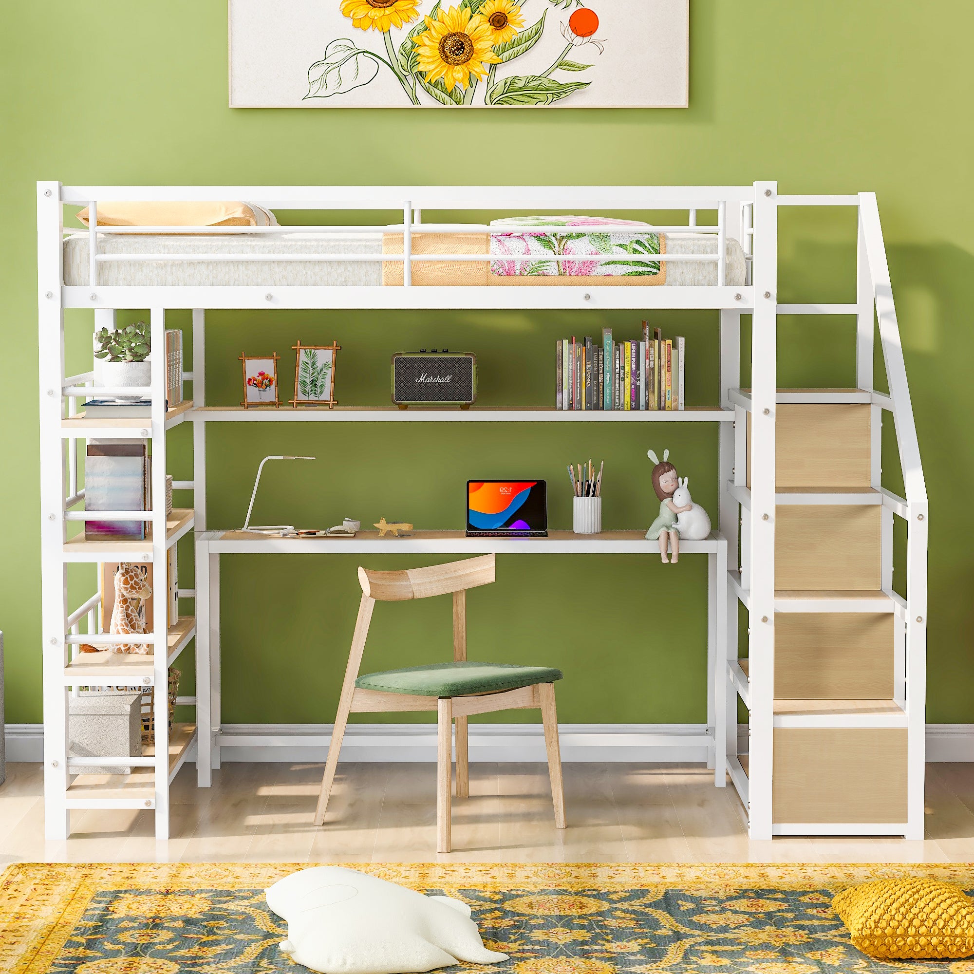 Twin Size Metal Loft bed with Staircase, Built-in Desk and Storage Shelves, White - Atlantic Fine Furniture Melbourne FL
