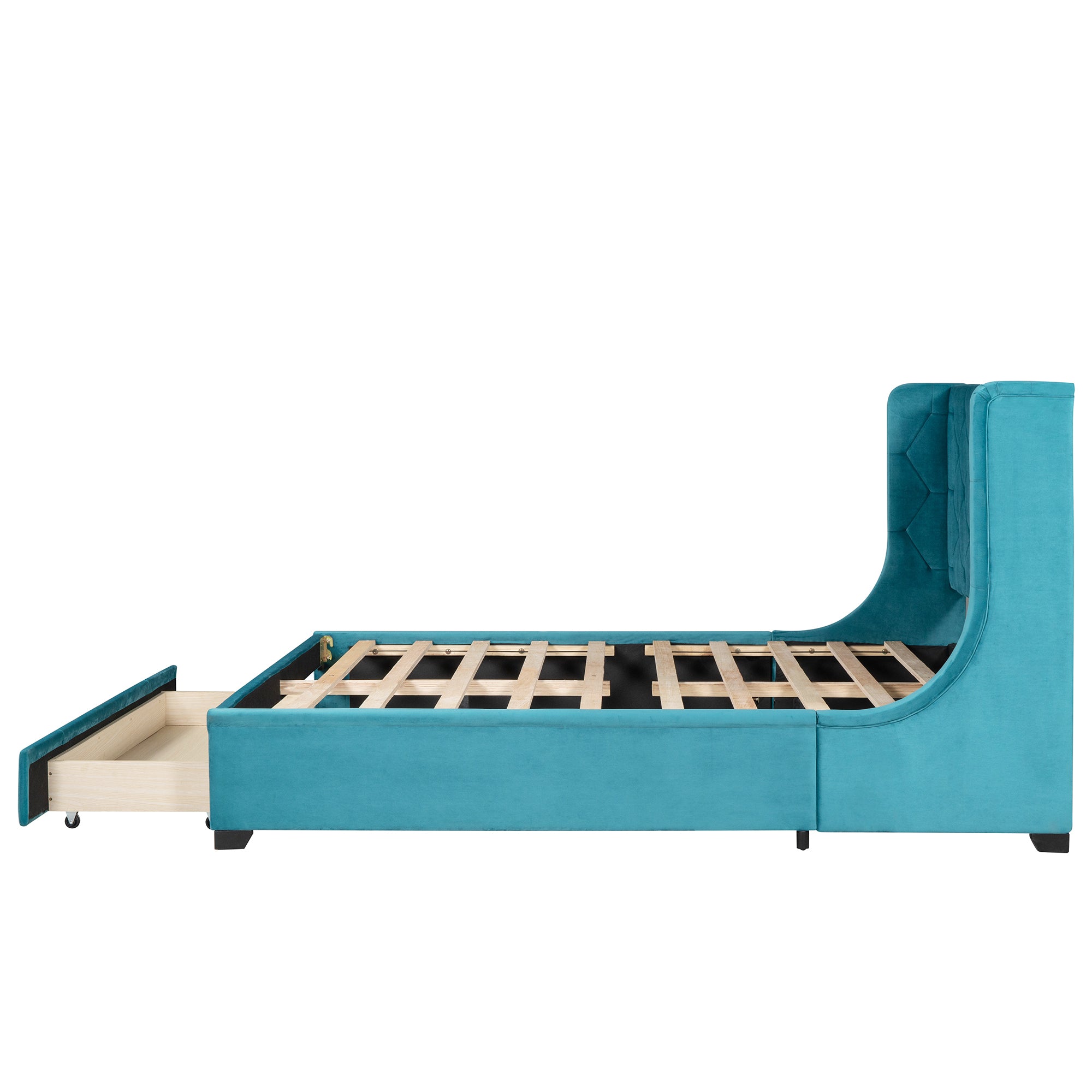 Queen Size Storage Bed Velvet Upholstered Platform Bed with Wingback Headboard and a Big Drawer (Blue) - Atlantic Fine Furniture Melbourne FL