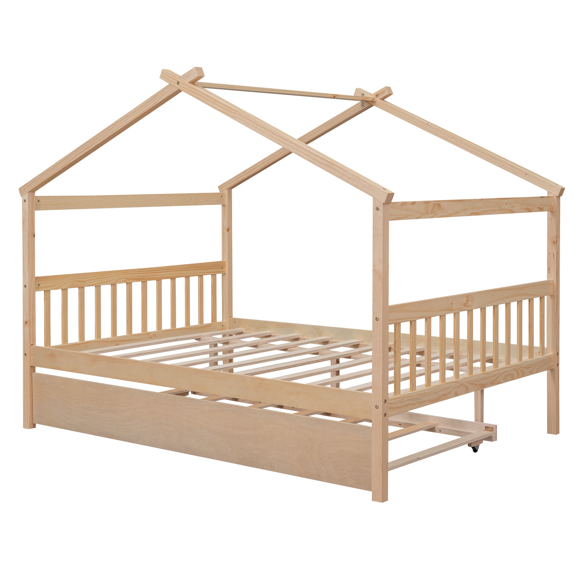 Full Size Wooden House Bed with Twin Size Trundle, Natural - Atlantic Fine Furniture Melbourne FL