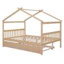 Full Size Wooden House Bed with Twin Size Trundle, Natural