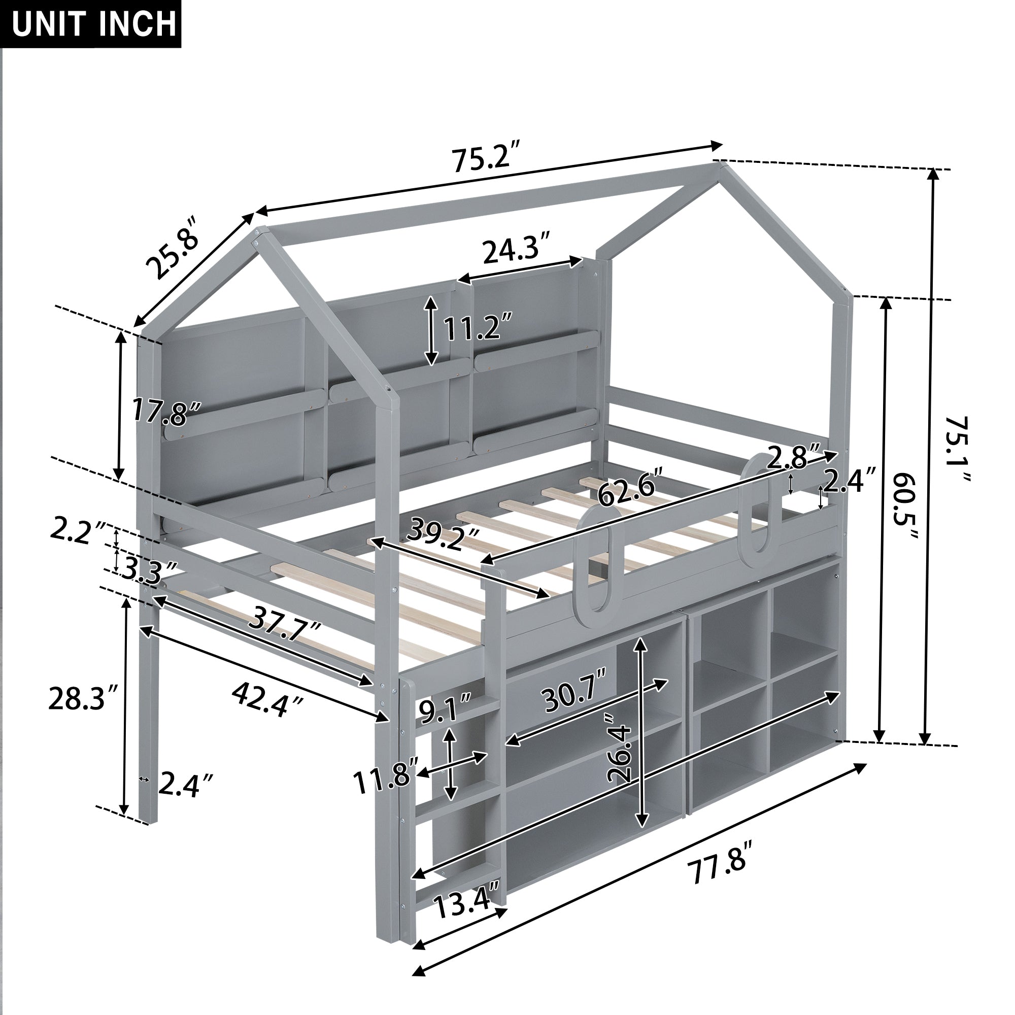 Twin Size House Loft Bed with Multiple Storage Shelves, Grey - Atlantic Fine Furniture Melbourne FL