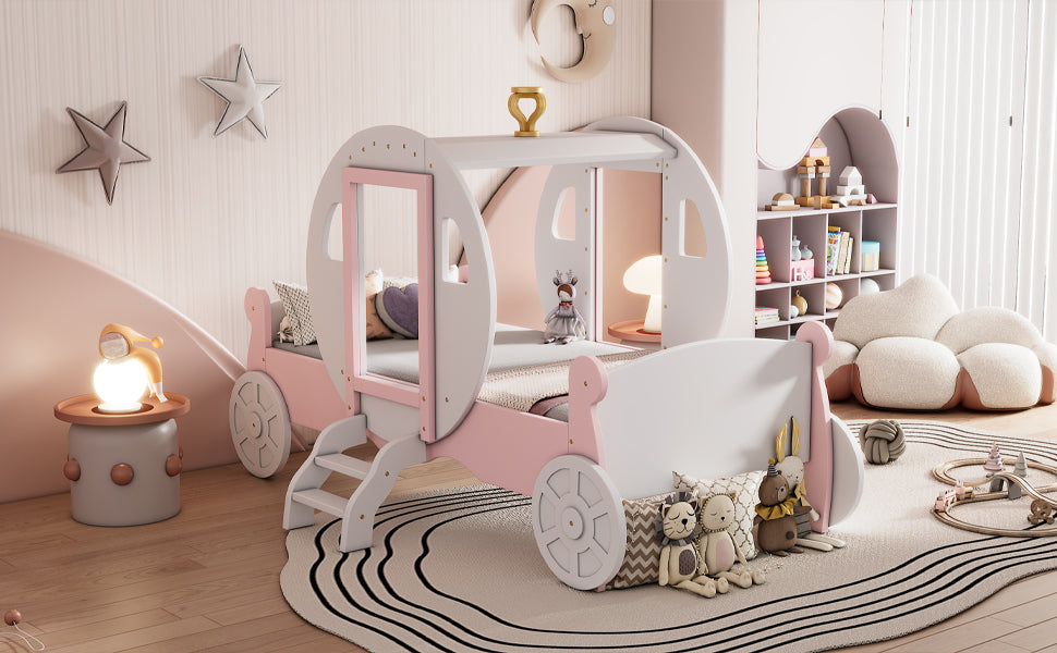 Twin size Princess Carriage Bed with Crown ,Wood Platform Car Bed with Stair,White+Pink - Atlantic Fine Furniture Melbourne FL