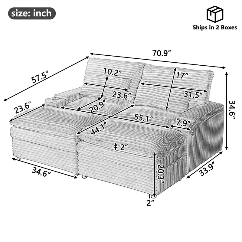 Loveseat Sofa Sectional Convertible With Storage And USB Ports - Gray
