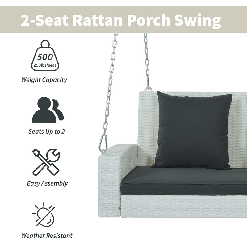 2 Person Wicker Hanging Porch Swing With Chains, Cushion, Pillow, Rattan Swing Bench For Garden, Backyard