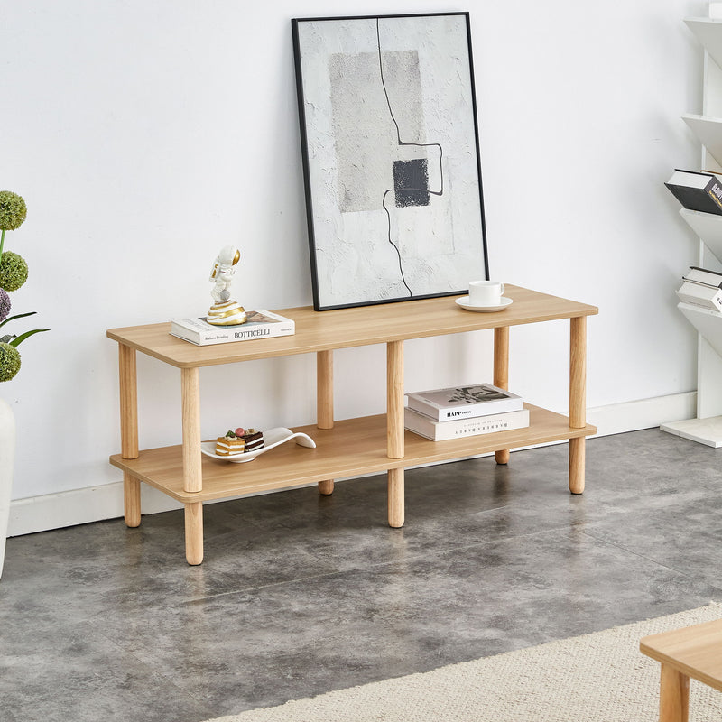 Modern Double Deck TV Cabinet With Open Storage Shelf, Rounded Legs