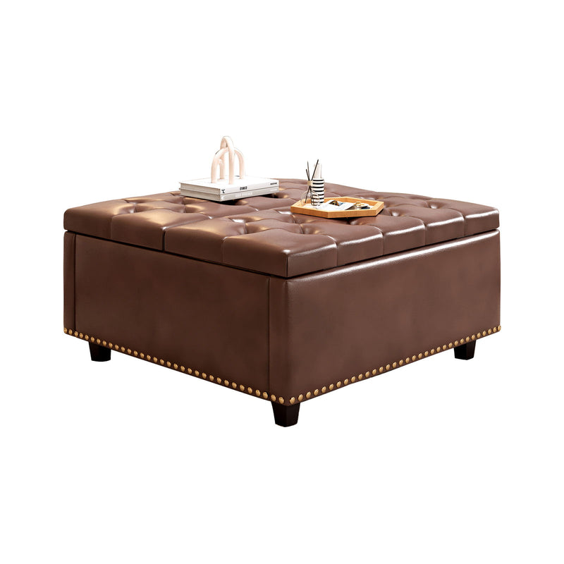 Massive Square Storage Bench, Footstool With Two Storage Doors, Mid-Century Modern Coffee Table For Living Room, Nailhead Inlay