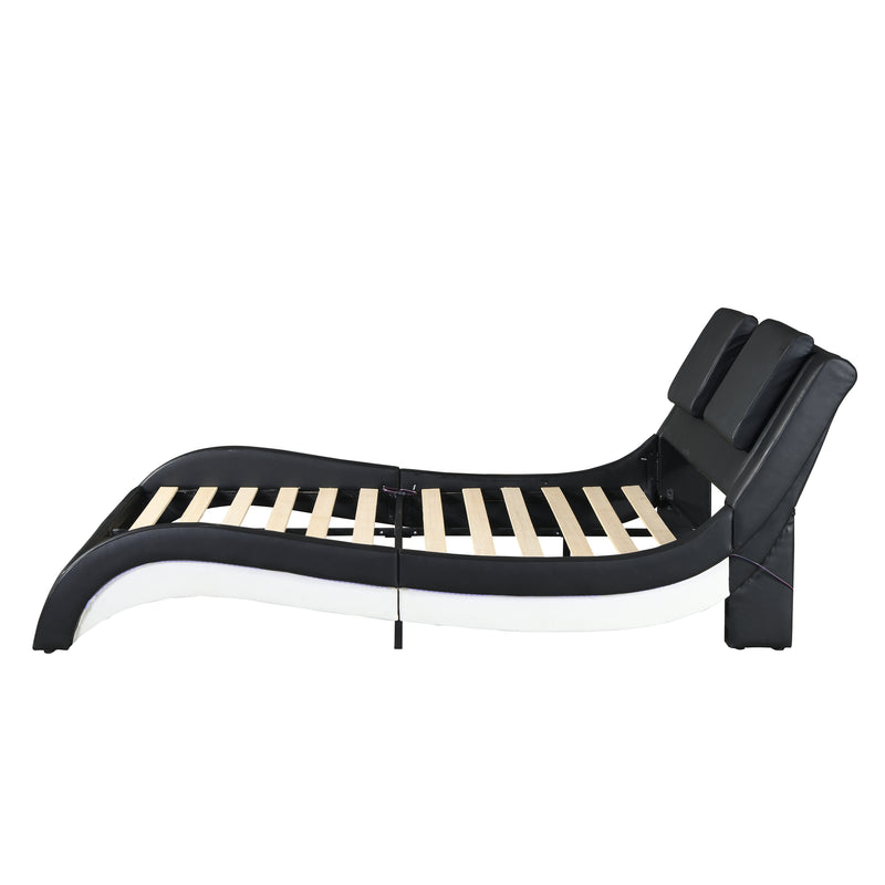 Faux Leather Upholstered Platform Bed Frame with led lighting,Bluetooth connection to play music control,Backrest vibration massage,Curve Design, Wood Slat Support, No Box Spring Needed,King