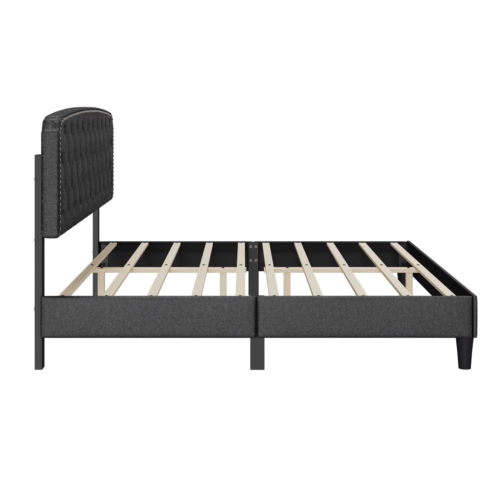 King size Adjustable Headboard with Fine Linen Upholstery and Button Tufting for Bedroom,  Wave Top  Dark Grey