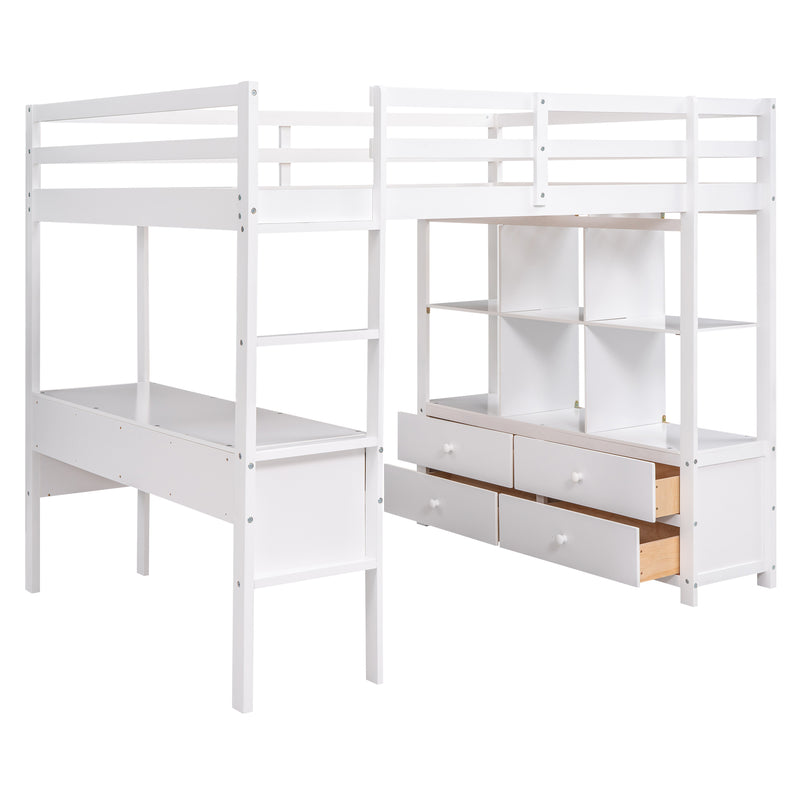 Full Size Loft Bed with Built-in Desk with Two Drawers, and Storage Shelves and Drawers,White