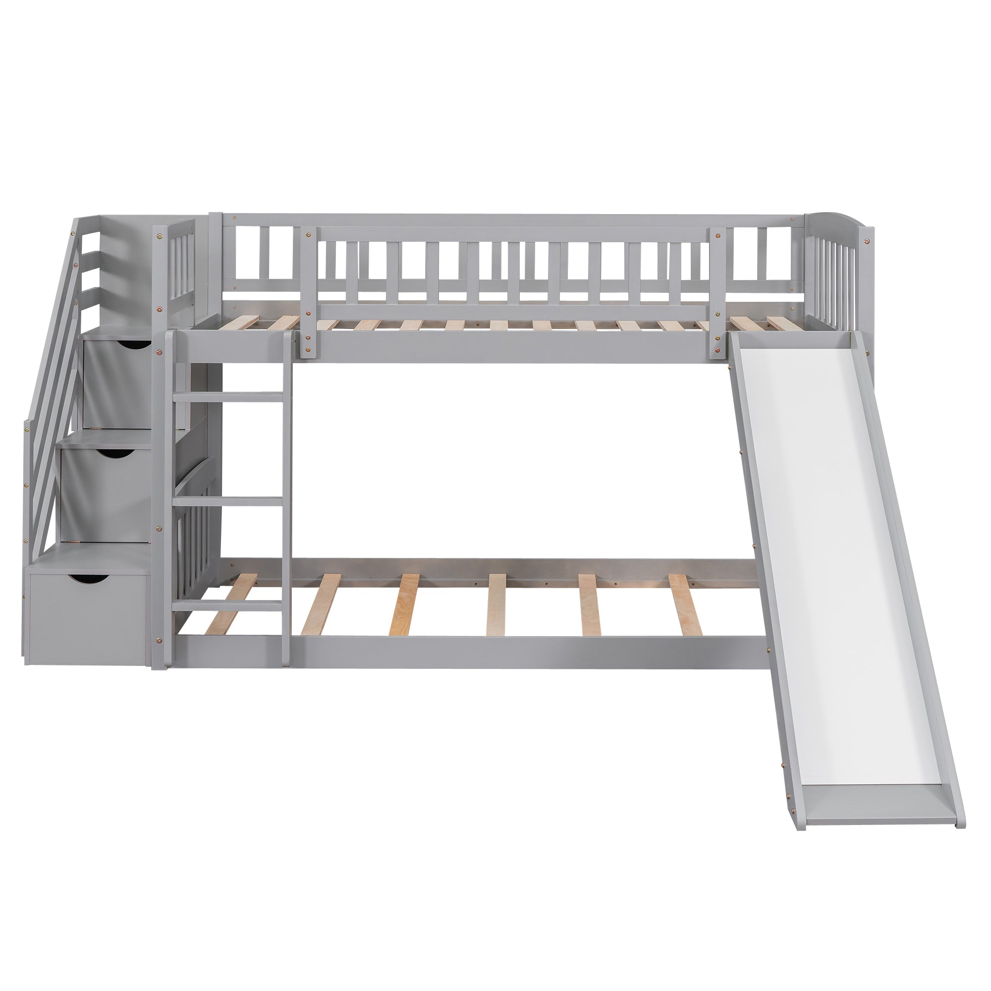Stairway Twin over Twin Bunk Bed with Two Drawers and Slide, Gray(OLD SKU :LT000155AAE) - Atlantic Fine Furniture Melbourne FL