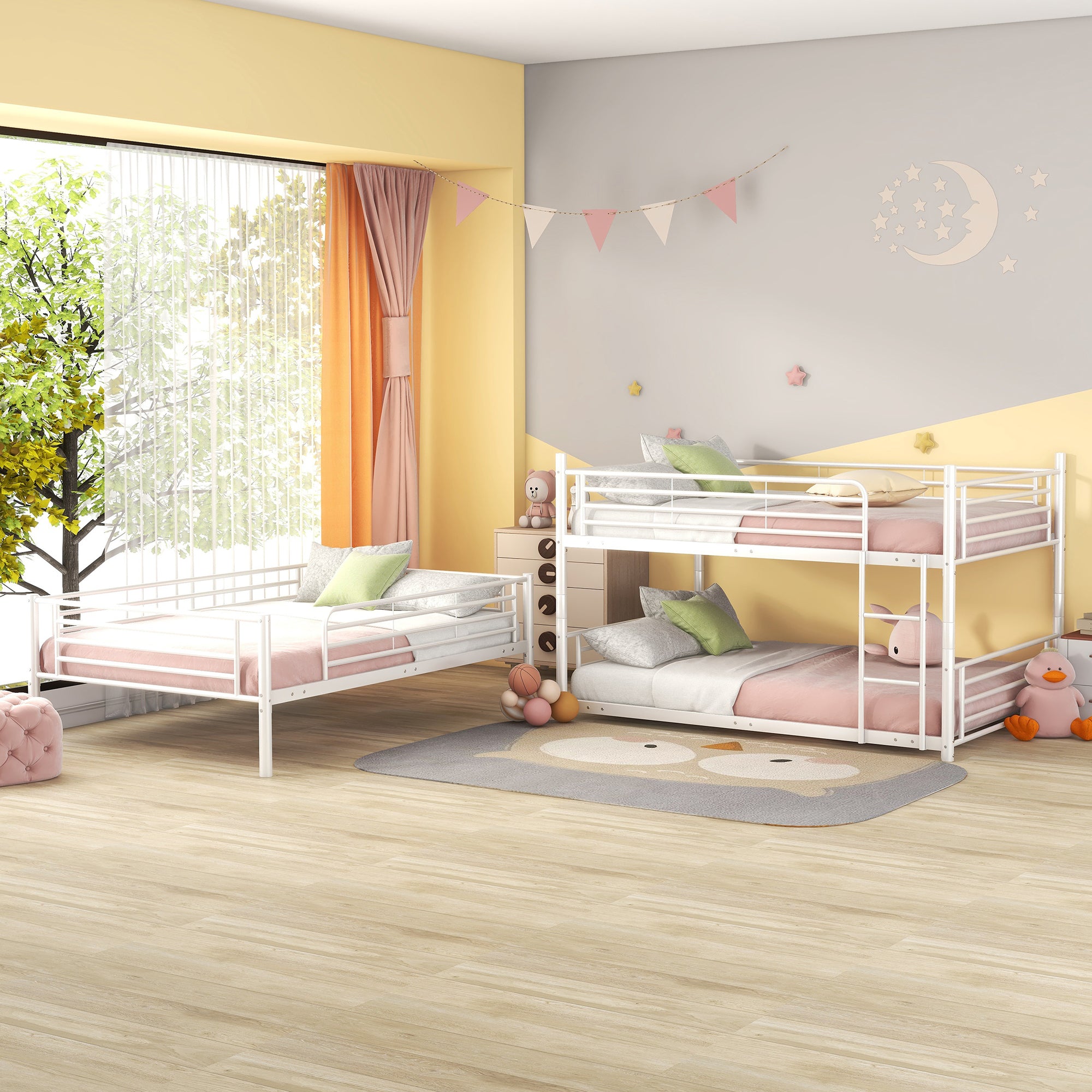 Full-Full-Full Metal  Triple Bed  with Built-in Ladder, Divided into Three Separate Beds,White(OLD SKU:LP000297AAK) - Atlantic Fine Furniture Melbourne FL