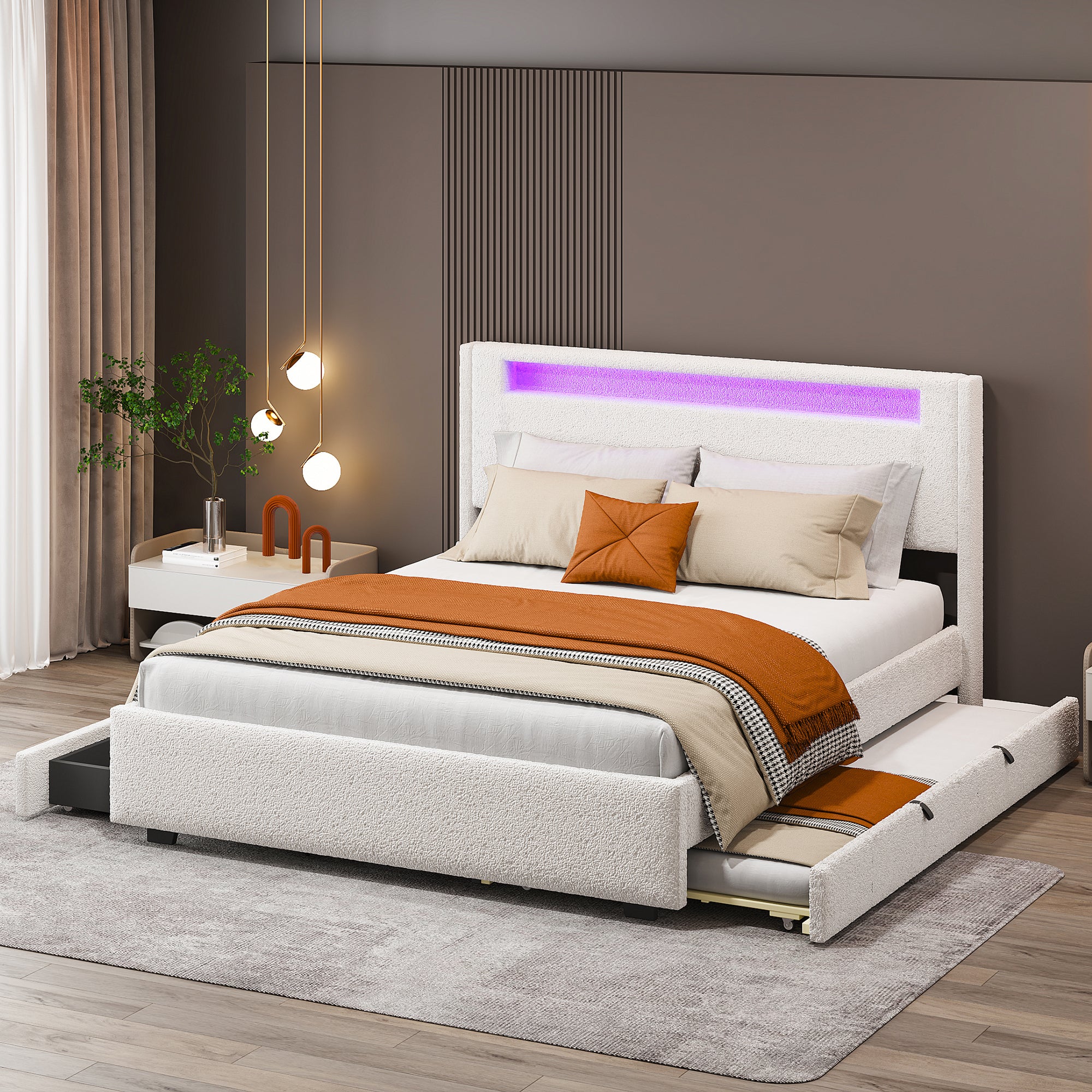 Queen Size Upholstered Platform Bed with LED Frame, with Twin  XL Size Trundle and 2 drawers, Teddy Fleece, White - Atlantic Fine Furniture Melbourne FL