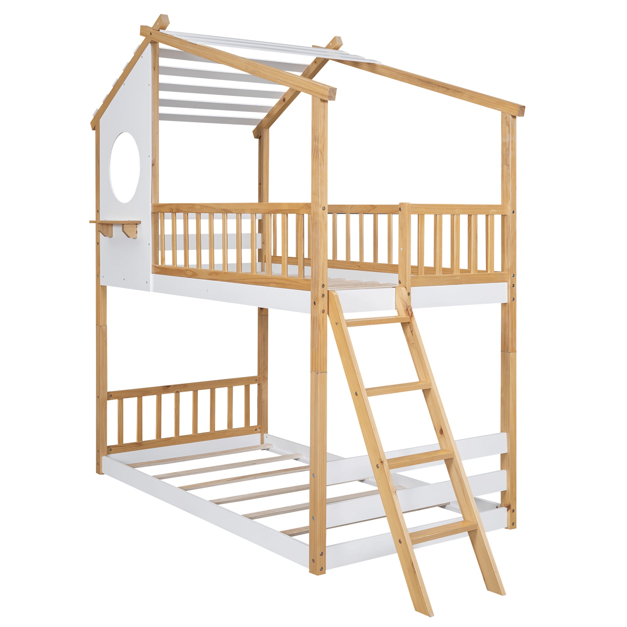 Twin Over Twin Bunk Bed Wood Bed with Roof, Window, Ladder,Natural(OLD SKU :LT100008AAD) - Atlantic Fine Furniture Melbourne FL
