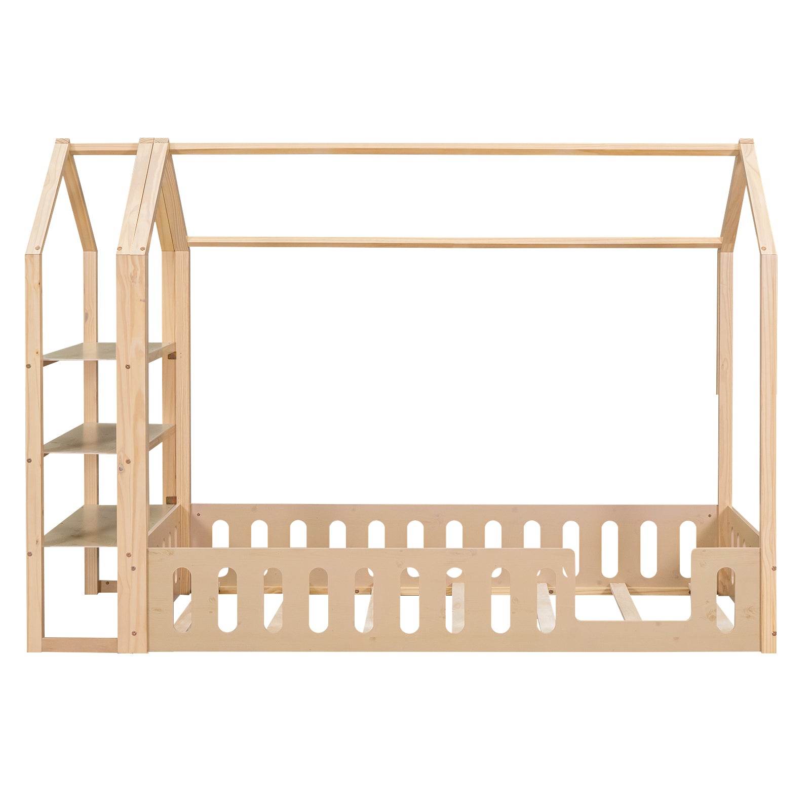 Twin Size Wood House Bed with Fence and Detachable Storage Shelves, Natural - Atlantic Fine Furniture Melbourne FL