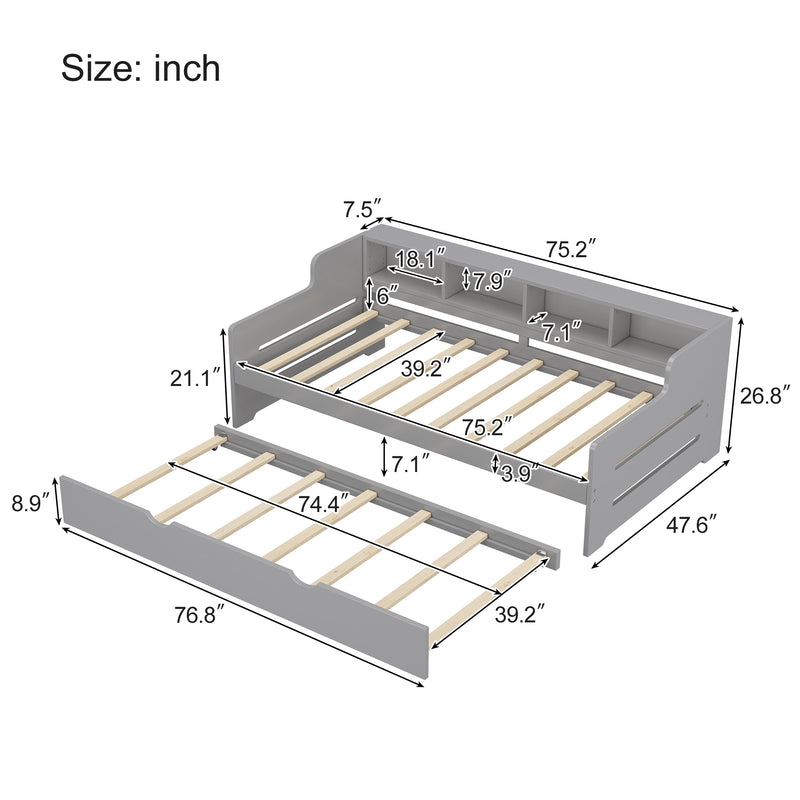 Twin Size Wooden Day Bed with Trundle for Guest Room, Small Bedroom, Study Room, Gray