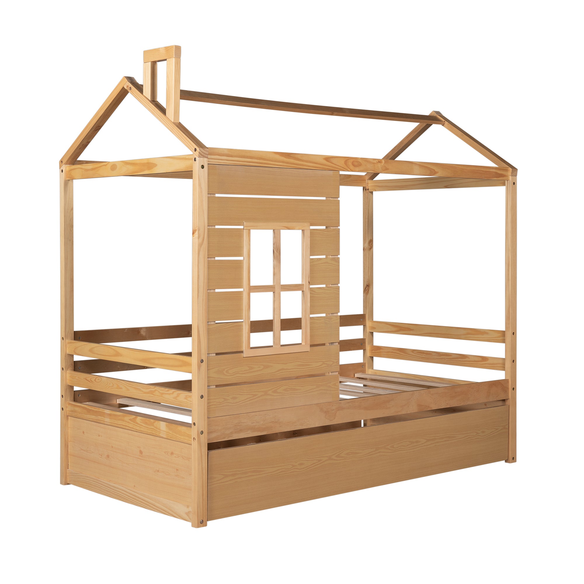 Twin Size House Bed Wood Bed with Twin Size Trundle ( Natural ) - Atlantic Fine Furniture Melbourne FL
