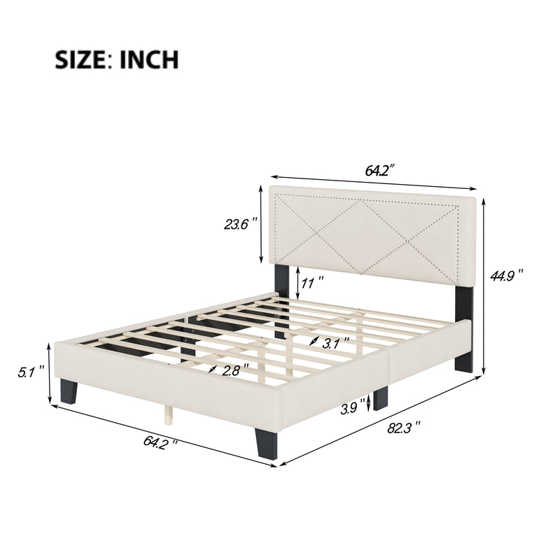 Simple Queen Size Upholstered Bed Frame with Rivet Design, Modern Velvet Platform Bed with headboard, Beige