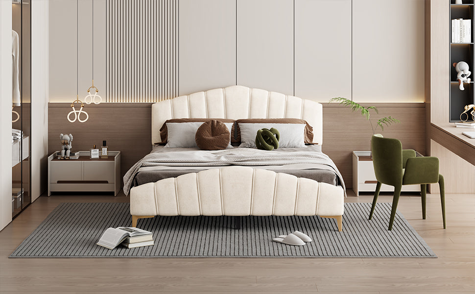 Queen Size Velvet Platform Bed with Thick Fabric, Stylish Stripe Decorated Bedboard and Elegant Metal Bed Leg, Beige - Atlantic Fine Furniture Melbourne FL