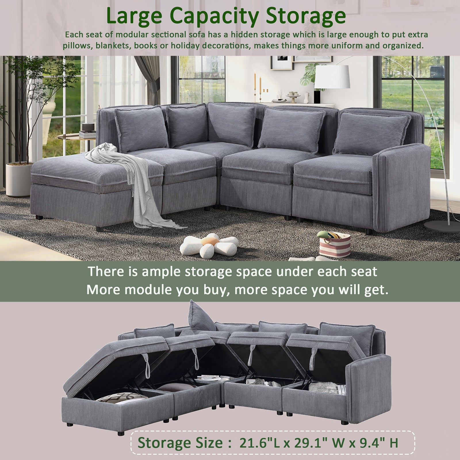 Modular Corduroy Sectional Sofa, Convertible L Shaped Couch Sofa with Storage,  5 Seat Sofa Couch for Living Room, Dark Gray