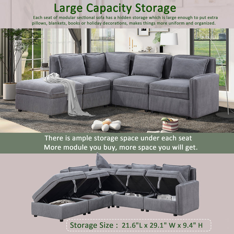 Modular Corduroy Sectional Sofa, Convertible L Shaped Couch Sofa with Storage,  5 Seat Sofa Couch for Living Room, Dark Gray