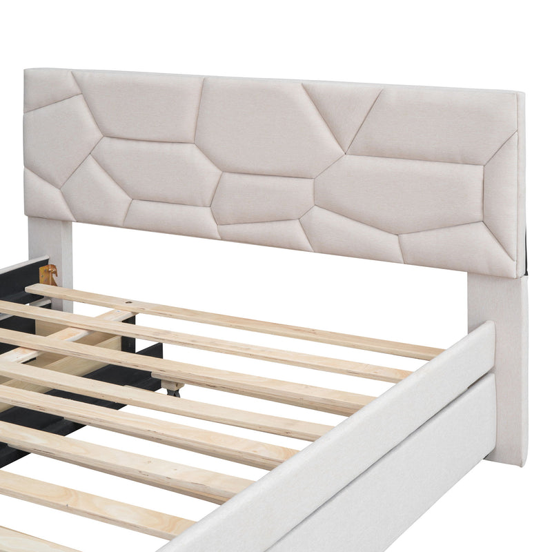 Full Size Upholstered Platform Bed With Brick Pattern Headboard, With Twin Size Trundle And 2 Drawers, Linen