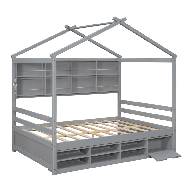 Full House Bed with Roof Frame, Bedside-shelves, Under Bed Storage Unit,Grey
