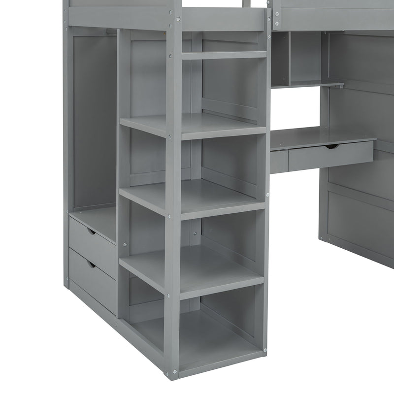 Loft Bed With Desk, Wardrobes, 4 Drawers And 4 Shelves