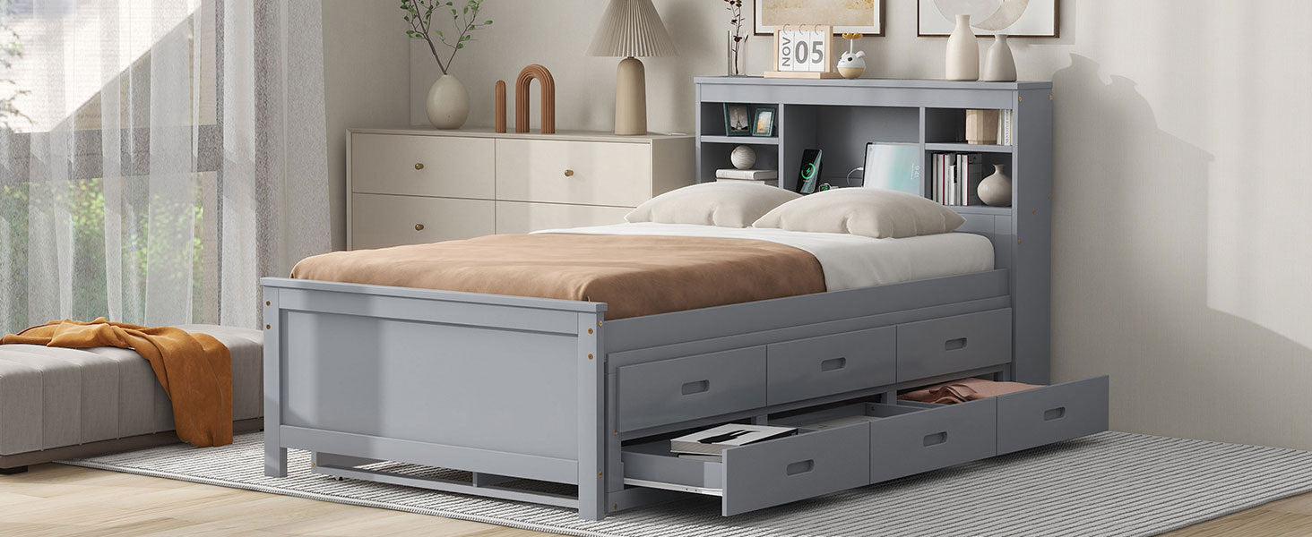 Twin Size Platform Bed with Storage Headboard, USB, Twin Size Trundle and 3 Drawers, Gray - Atlantic Fine Furniture Melbourne FL