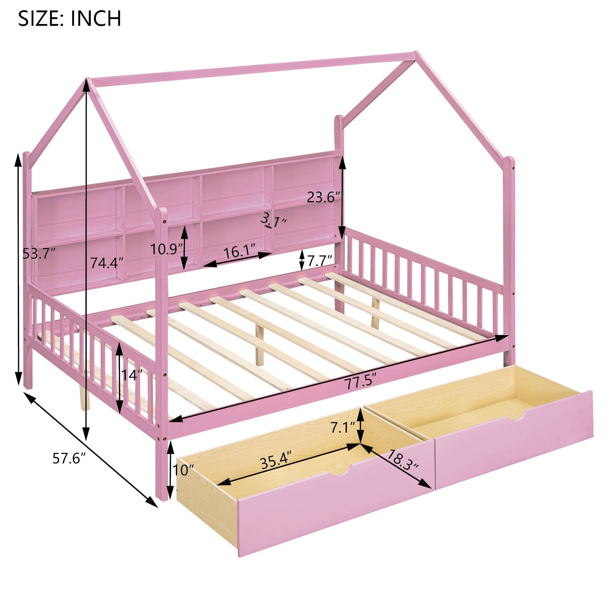 Wooden Full Size House Bed with 2 Drawers,Kids Bed with Storage Shelf, Pink - Atlantic Fine Furniture Melbourne FL
