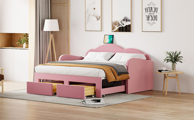 Upholstered Daybed With Cloud-Shaped Backrest, Trundle & 2 Drawers And USB Ports