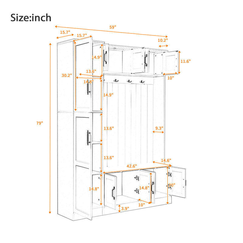 Tall Hall Tree With Shoe Storage, 4 In 1 Entryway Bench With 6 Cabinets, 4 Coat Hooks & Adjustable Shelf For Hallway - White